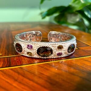 Authentic Judith Ripka Silver 925 Bangle Bracelet with Large Topaz Gemstones